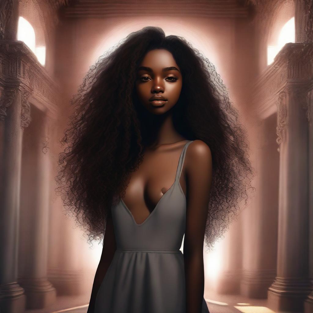 A tall, slender girl with dark skin, heart-shaped full lips, long curly hair reaching down to her waist, and large brown eyes with a hint of light in them, standing in a surreal and beautiful place