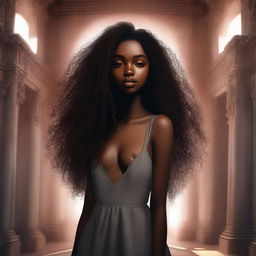 A tall, slender girl with dark skin, heart-shaped full lips, long curly hair reaching down to her waist, and large brown eyes with a hint of light in them, standing in a surreal and beautiful place