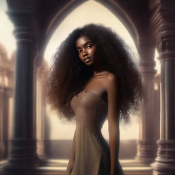 A tall, slender girl with dark skin, heart-shaped full lips, long curly hair reaching down to her waist, and large brown eyes with a hint of light in them, standing in a surreal and beautiful place