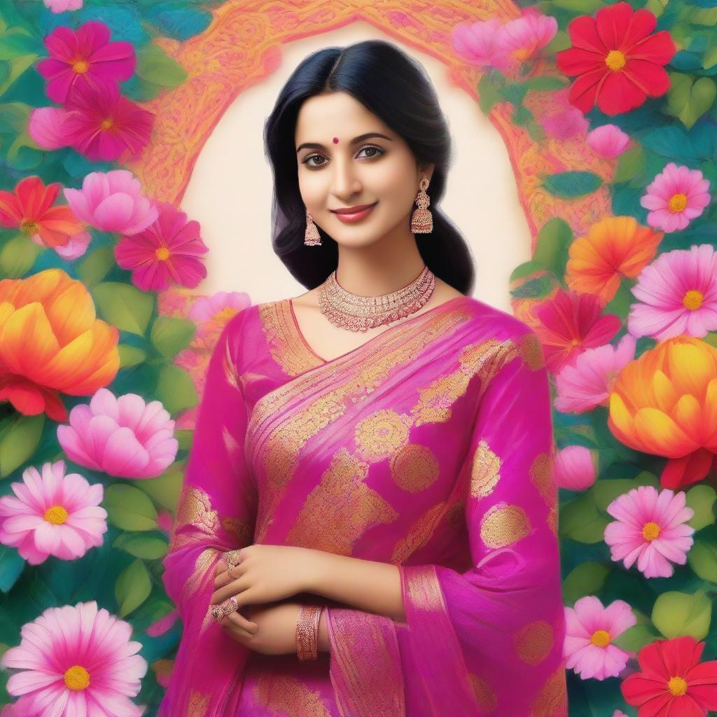 A serene image featuring a woman standing gracefully in front of a vibrant array of flowers, wearing a traditional Indian sharee