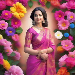 A serene image featuring a woman standing gracefully in front of a vibrant array of flowers, wearing a traditional Indian sharee