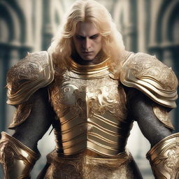 A man with an evil-looking face, wearing divine golden armor and having blonde hair