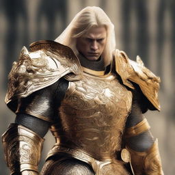 A man with an evil-looking face, wearing divine golden armor and having blonde hair