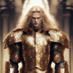 A man with an evil-looking face, wearing divine golden armor and having blonde hair