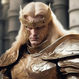 A man with an evil-looking face, wearing divine golden armor and having blonde hair