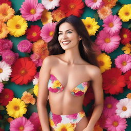 A serene image featuring a woman standing gracefully in front of a vibrant array of flowers, wearing a stylish bikini