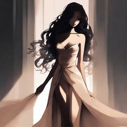 A shadow princess with light brown skin, long loose curls reaching her thighs, a lonely gaze, a sexy dress, slender and tall, appearing in the shadows, with full lips