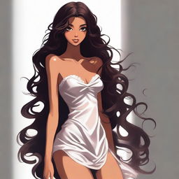 A shadow princess with light brown skin, long loose curls reaching her thighs, a lonely gaze, a sexy dress, slender and tall, appearing in the shadows, with full lips