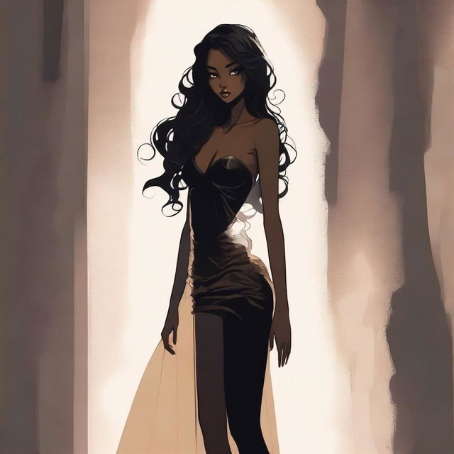 A shadow princess with light brown skin, long loose curls reaching her thighs, a lonely gaze, a sexy dress, slender and tall, appearing in the shadows, with full lips