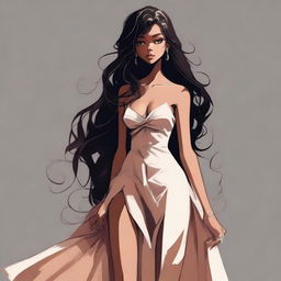 A shadow princess with light brown skin, long loose curls reaching her thighs, a lonely gaze, a sexy dress, slender and tall, appearing in the shadows, with full lips