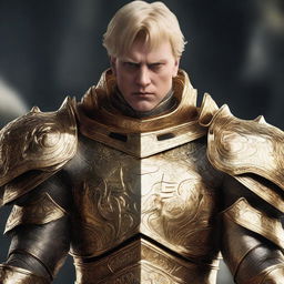 A man with an evil-looking face, wearing divine golden armor and having short blonde hair