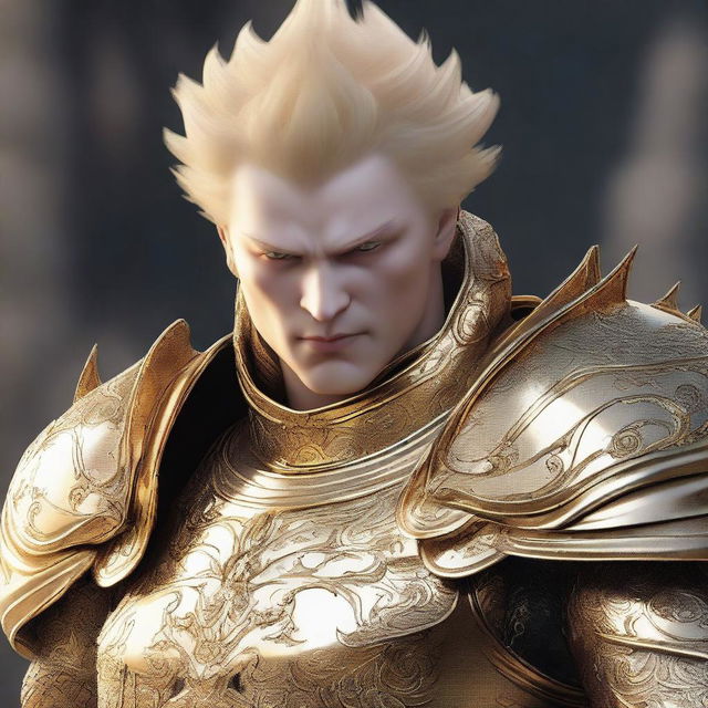 A man with an evil-looking face, wearing divine golden armor and having short blonde hair