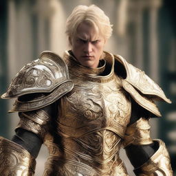 A man with an evil-looking face, wearing divine golden armor and having short blonde hair