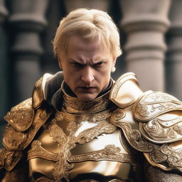 A man with an evil-looking face, wearing divine golden armor and having short blonde hair