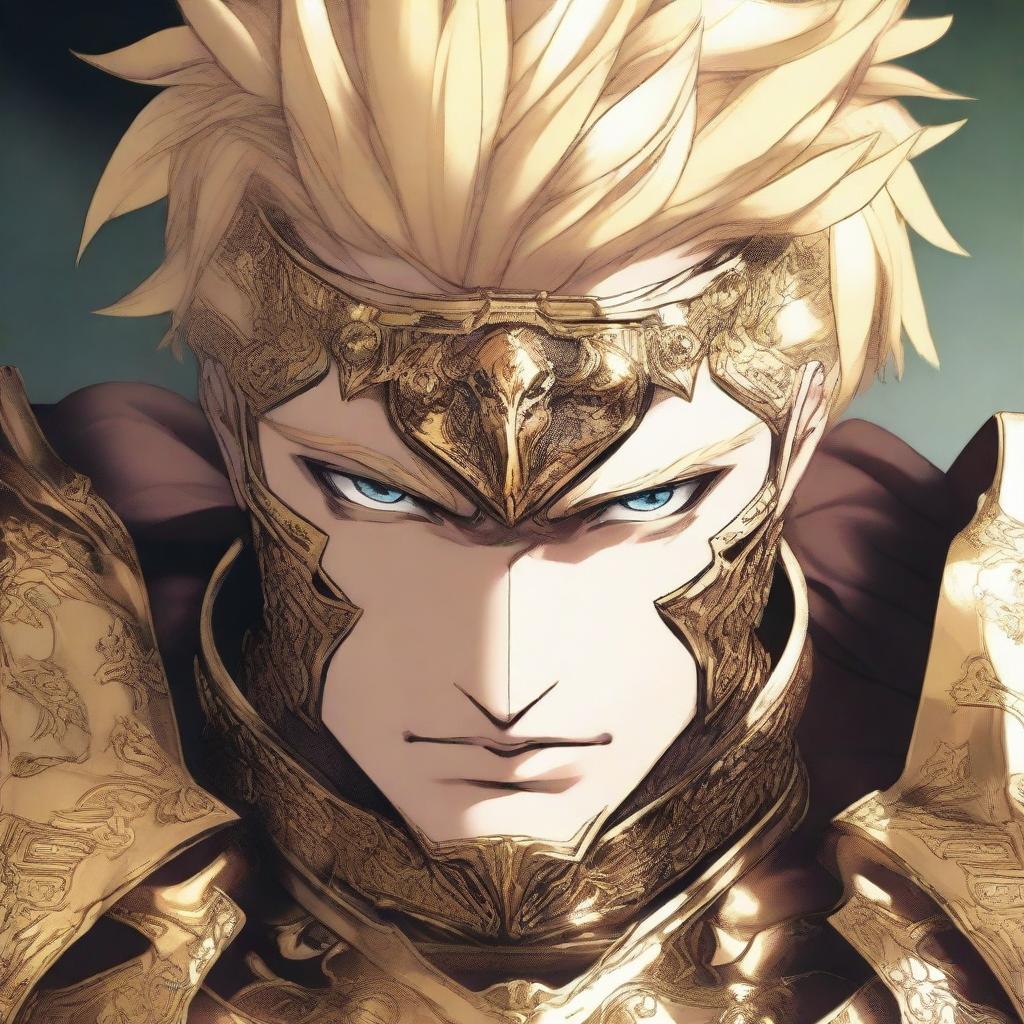 A close-up of a man with an evil-looking face, wearing divine golden armor and having short blonde hair