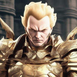 A close-up of a man with an evil-looking face, wearing divine golden armor and having short blonde hair