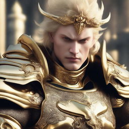 A close-up of a man with an evil-looking face, wearing divine golden armor and having short blonde hair