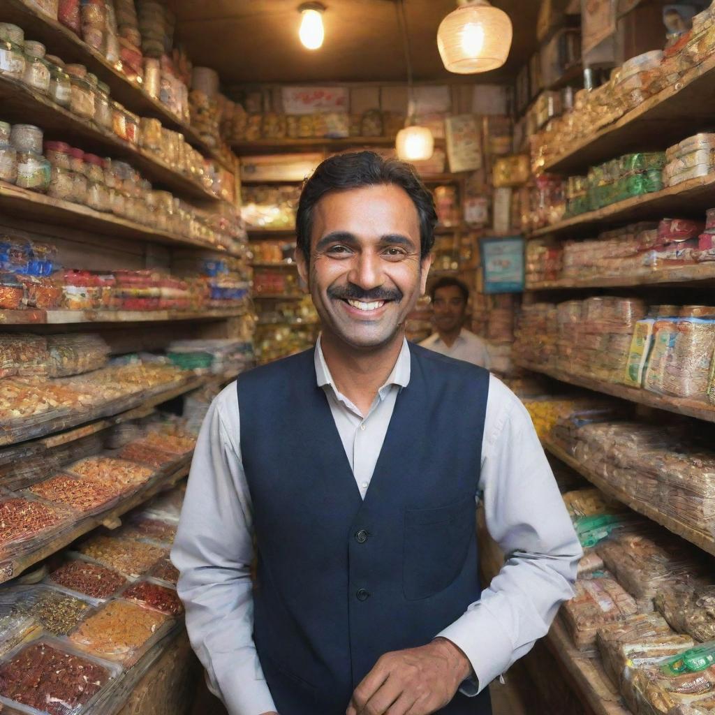 Depict a content Pakistani shopkeeper, his face lit up with a broad, jubilant smile. Surroundings feature a traditional shop, filled with various items, the bustle of local customers, and an atmosphere permeated with energy and joy.