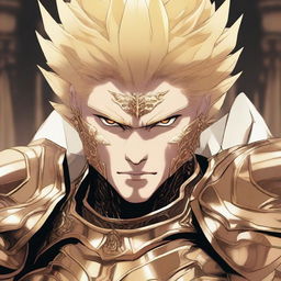 A close-up of a man with an evil-looking face, wearing divine golden armor and having short blonde hair