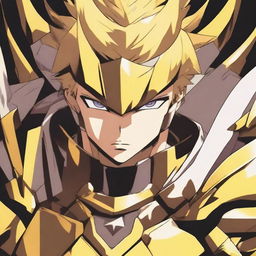 A close-up of a man with an evil-looking face, wearing divine golden armor and having short blonde hair, depicted in anime style