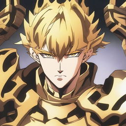 A close-up of a man with an evil-looking face, wearing divine golden armor and having short blonde hair, depicted in anime style