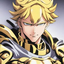 A close-up of a man with an evil-looking face, wearing divine golden armor and having short blonde hair, depicted in anime style