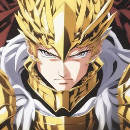 A close-up of a man with an evil-looking face, wearing divine golden armor and having short blonde hair, depicted in anime style