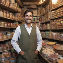 Depict a content Pakistani shopkeeper, his face lit up with a broad, jubilant smile. Surroundings feature a traditional shop, filled with various items, the bustle of local customers, and an atmosphere permeated with energy and joy.