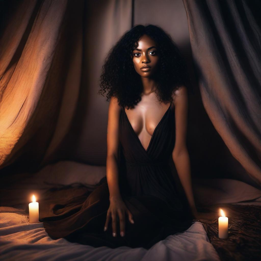 A realistic and detailed photograph of a dark romance girl with medium brown skin, at night in a tent, surrounded by flowing fabrics, with a sexy gaze, brown eyes with a hint of light, wearing a long black dress with a slit, loose curly hair down to her thighs, tall, slim, with full lips