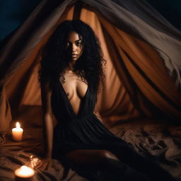 A realistic and detailed photograph of a dark romance girl with medium brown skin, at night in a tent, surrounded by flowing fabrics, with a sexy gaze, brown eyes with a hint of light, wearing a long black dress with a slit, loose curly hair down to her thighs, tall, slim, with full lips