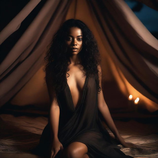 A realistic and detailed photograph of a dark romance girl with medium brown skin, at night in a tent, surrounded by flowing fabrics, with a sexy gaze, brown eyes with a hint of light, wearing a long black dress with a slit, loose curly hair down to her thighs, tall, slim, with full lips