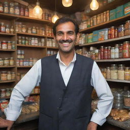 Depict a content Pakistani shopkeeper, his face lit up with a broad, jubilant smile. Surroundings feature a traditional shop, filled with various items, the bustle of local customers, and an atmosphere permeated with energy and joy.