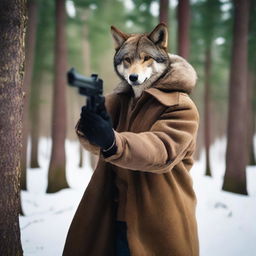 A man wearing a wolf pelt coat, holding a shotgun and aiming it