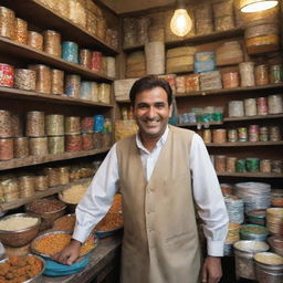 Depict a content Pakistani shopkeeper, his face lit up with a broad, jubilant smile. Surroundings feature a traditional shop, filled with various items, the bustle of local customers, and an atmosphere permeated with energy and joy.