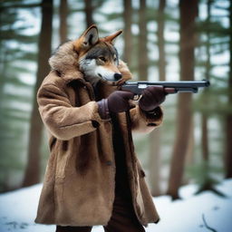 A man wearing a wolf pelt coat, holding a shotgun and aiming it