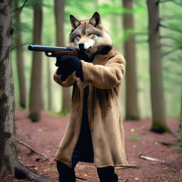 A man wearing a wolf pelt coat, holding a shotgun and aiming it