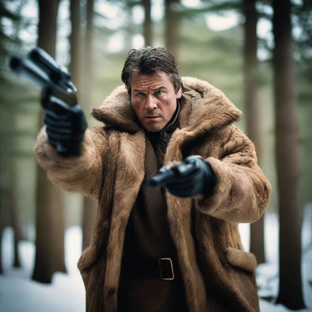 A man wearing a wolf pelt coat, holding a shotgun and aiming it