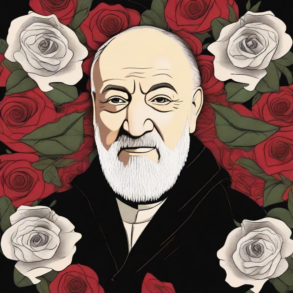 A detailed illustration of Padre Pio surrounded by roses and thorns