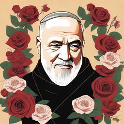 A detailed illustration of Padre Pio surrounded by roses and thorns