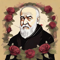 A detailed illustration of Padre Pio surrounded by roses and thorns