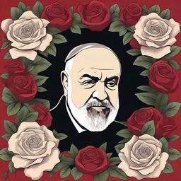 A detailed illustration of Padre Pio surrounded by roses and thorns