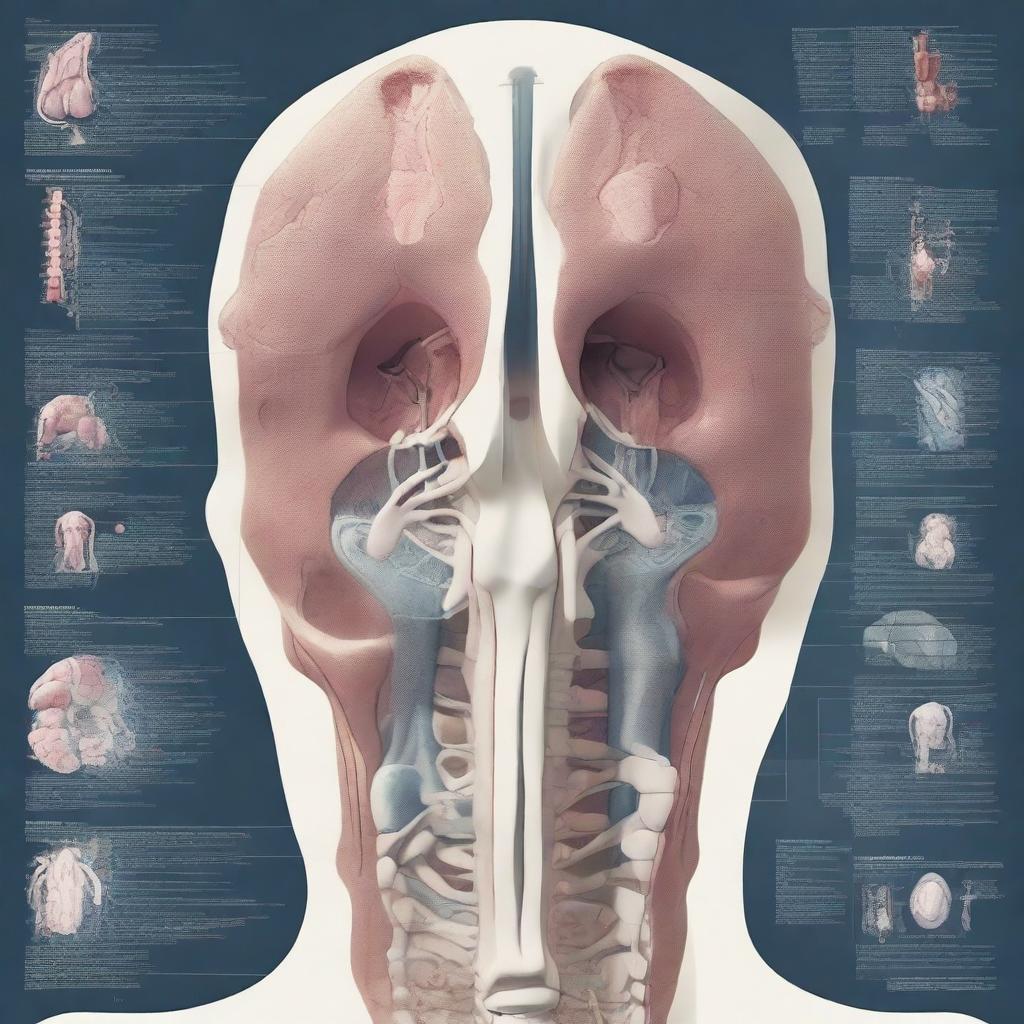 An intricate and detailed illustration of radiology anatomy, showcasing various organs and structures of the human body as seen through radiological imaging techniques like X-rays, CT scans, and MRIs