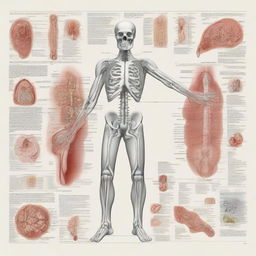 An intricate and detailed illustration of radiology anatomy, showcasing various organs and structures of the human body as seen through radiological imaging techniques like X-rays, CT scans, and MRIs