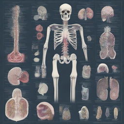 An intricate and detailed illustration of radiology anatomy, showcasing various organs and structures of the human body as seen through radiological imaging techniques like X-rays, CT scans, and MRIs