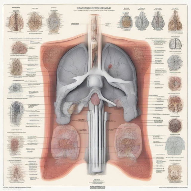 An intricate and detailed illustration of radiology anatomy, showcasing various organs and structures of the human body as seen through radiological imaging techniques like X-rays, CT scans, and MRIs