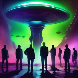 Create an image featuring men in the shadows, facing aliens from another planet