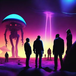 Create an image featuring men in the shadows, facing aliens from another planet