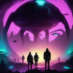 Create an image featuring men in the shadows, facing aliens from another planet