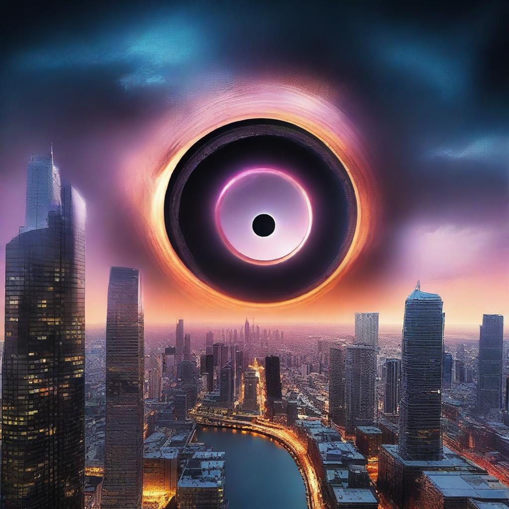 Create an image featuring a black hole in the sky above a futuristic city