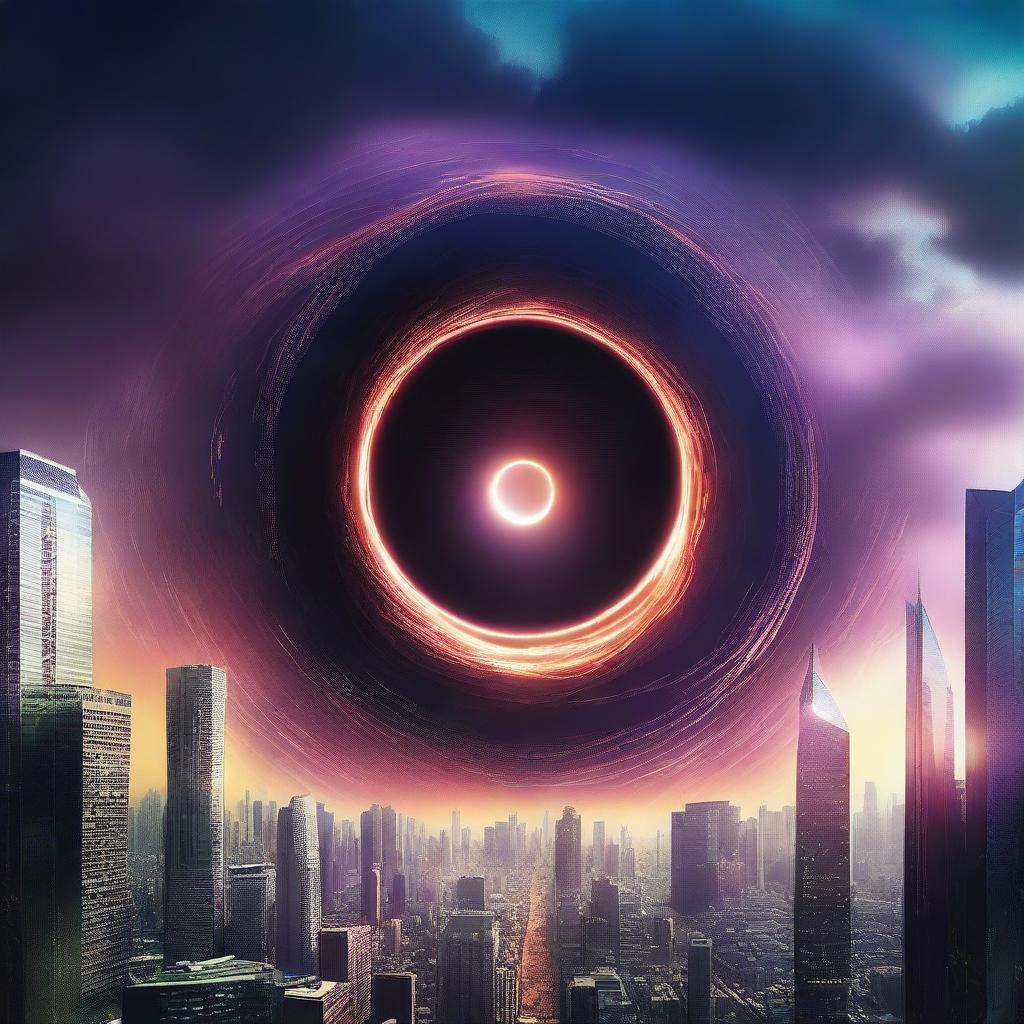 Create an image featuring a black hole in the sky above a futuristic city